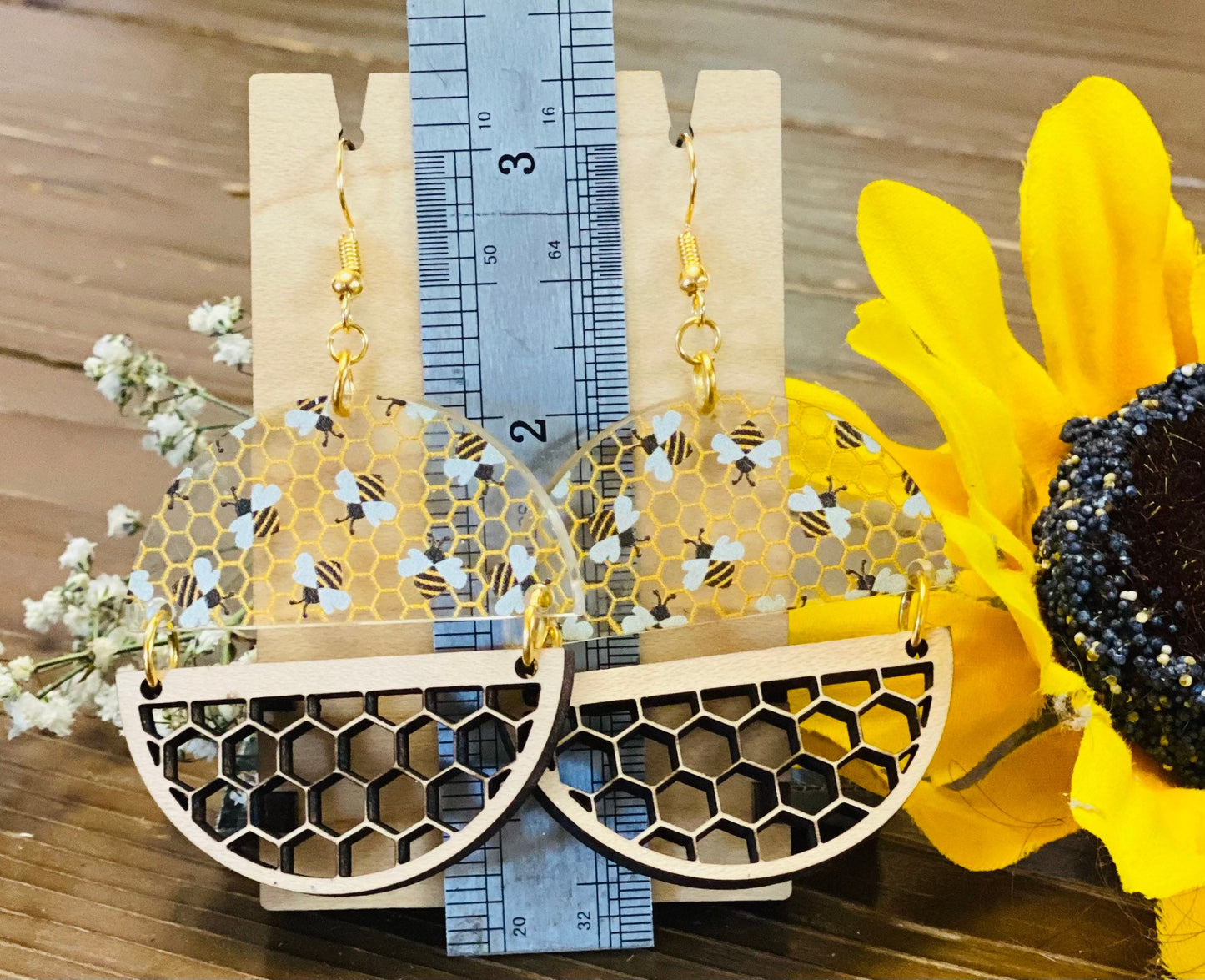 Busy Bee Honeycomb Dangle Earrings / Wooden Earrings / Acrylic Earrings / Bee Jewelry / Honeycomb