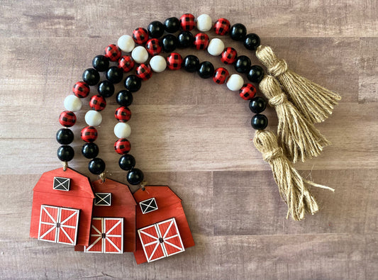 Red Barn Wooden Bead Garland with Charm